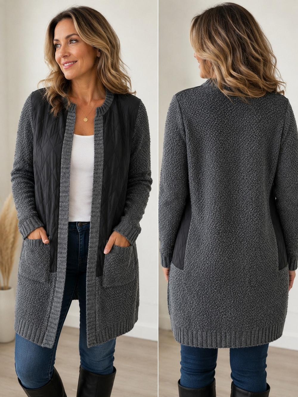 Oliver by Escio Gray Quilted Textured Knit Long Cardigan Sz M